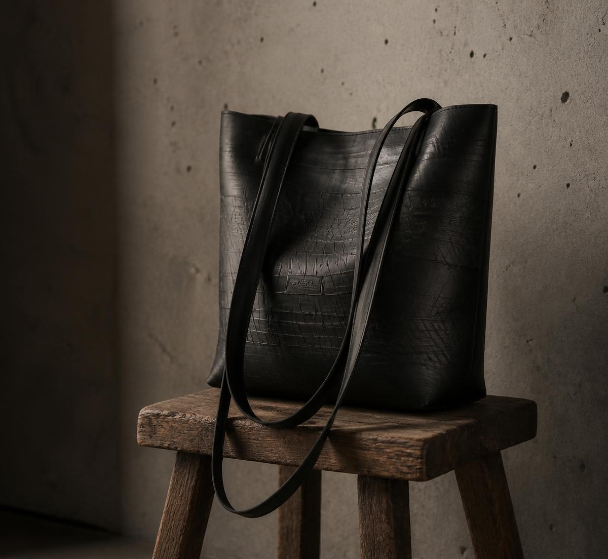 A ReUp bag made from reclaimed tyre tube resting on a wooden stool
