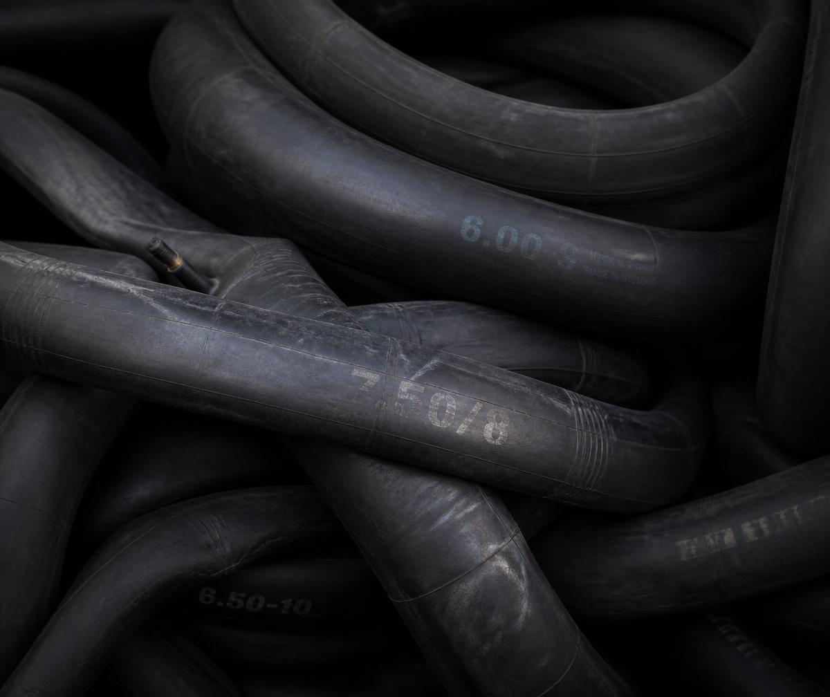 A pile of discarded tyre inner tubes