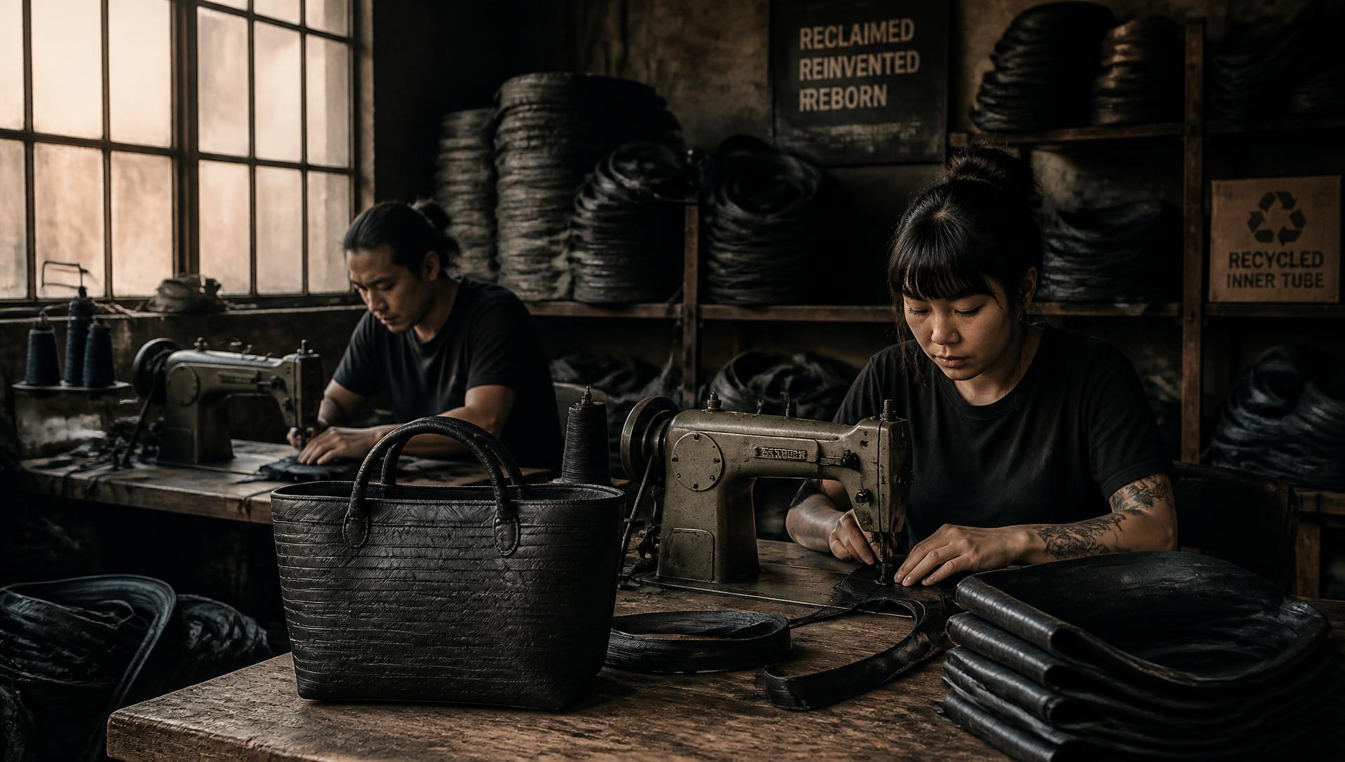 Artisans stitching reclaimed tyre tubes in the ReUp workshop